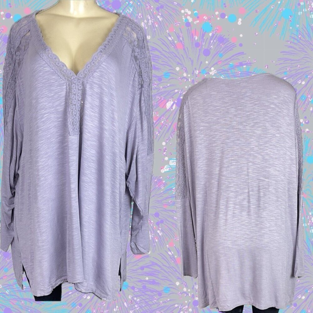 Torrid +4 Lilac Heather V-Neck Mesh Floral Lace Drop Shoulder Long Sleeve Top